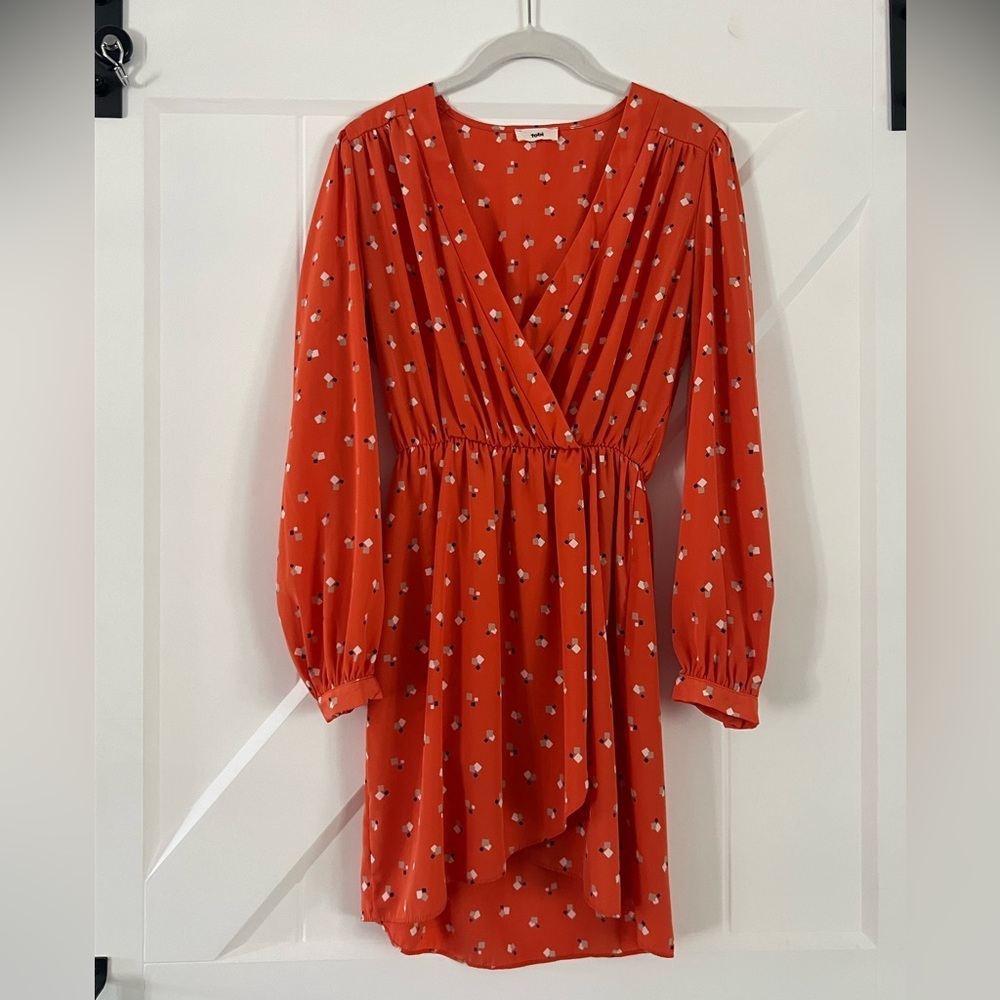 Tobi orange, navy blue, and white long sleeve mini wrap dress
